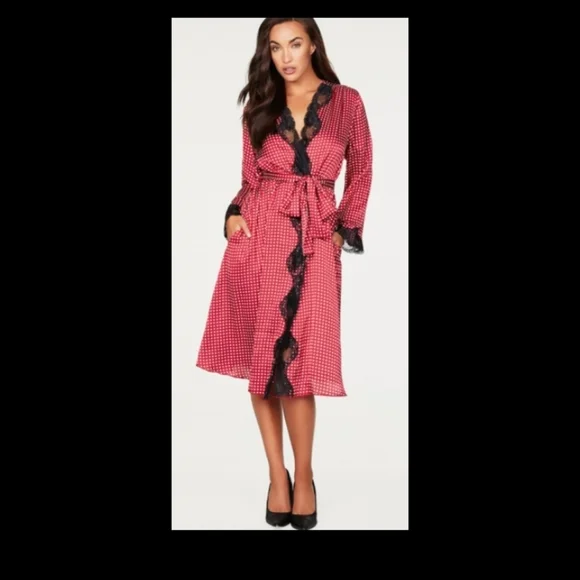 Frederick's of Hollywood Women's Polka Dot Satin and Lace Robe Red and White XL - Picture 1 of 8